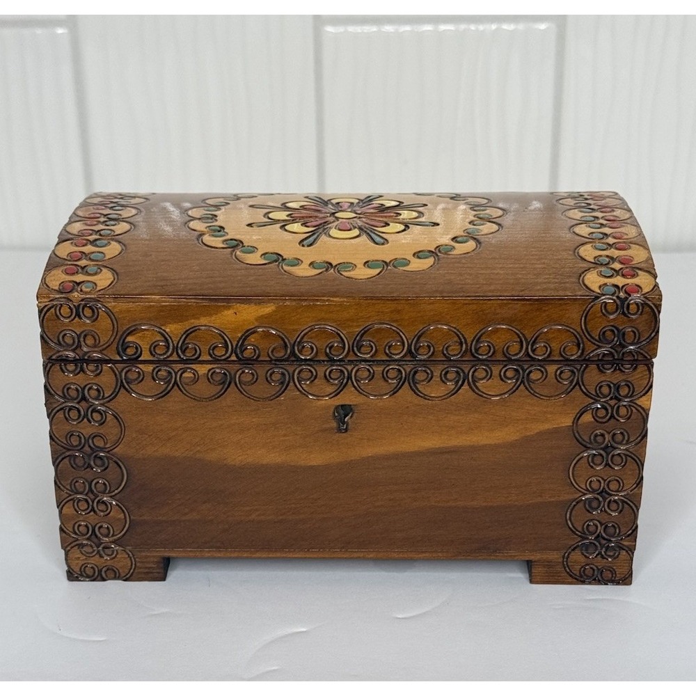 Vintage Polish Pyrography Wooden Box Folk Art Trunk Keepsake Chest 1981 Poland - Picture 3 of 15